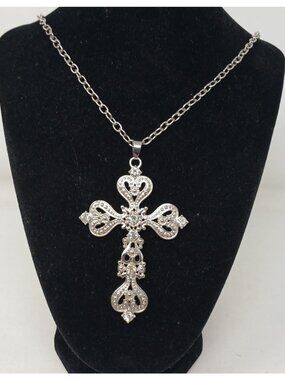 SilverTone Filigree Cross W/ Hearts Necklace Clear Rhinestones Statement 32" #J1